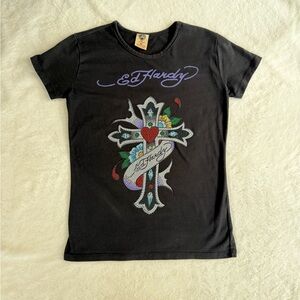Ed Hardy Black T-Shirt with Colorful Cross Design
